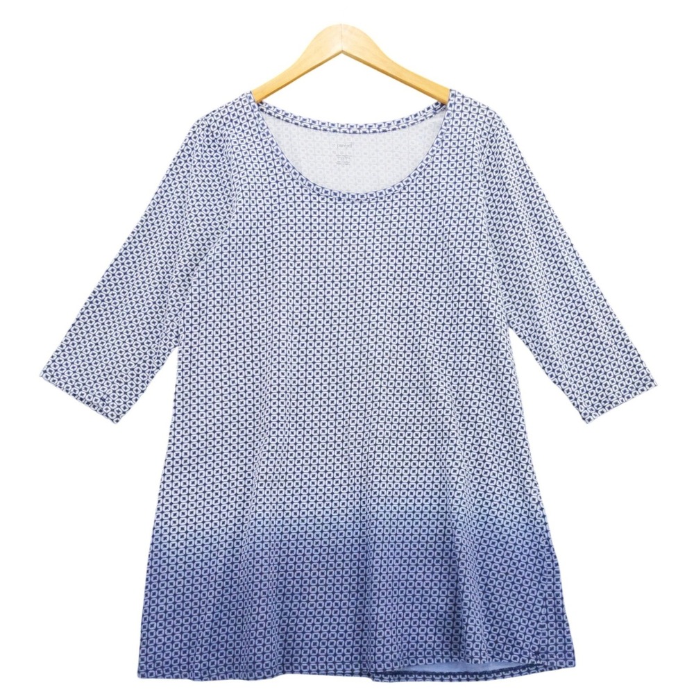 Pure Jill Ballet Sleeve Tunic Dress Blue White Geometric Print Size Medium
